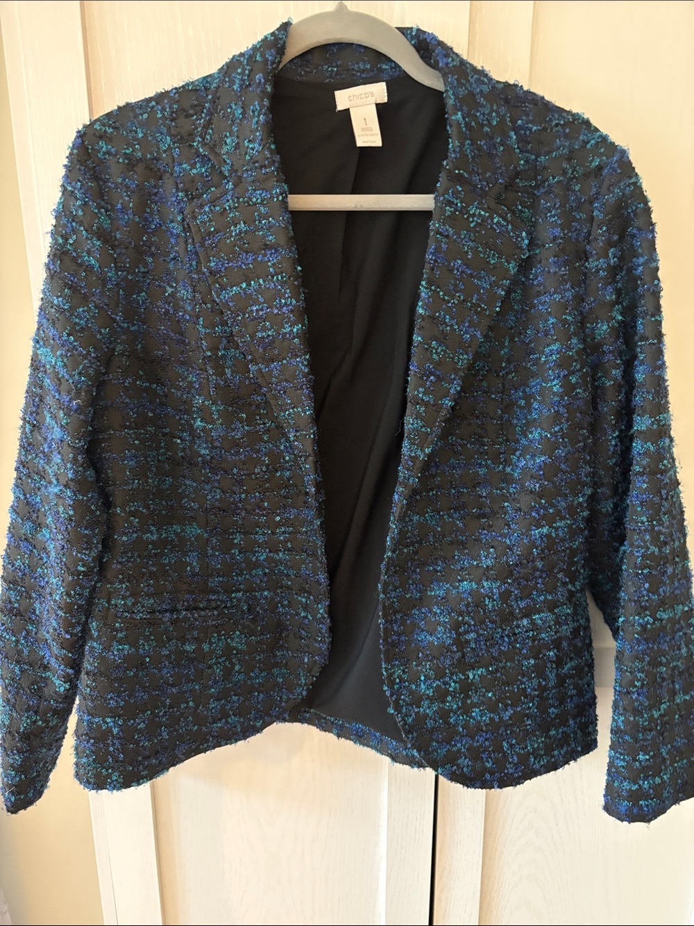 Chico's Blue & Black Textured Open Blazer Size 1 (M-L)